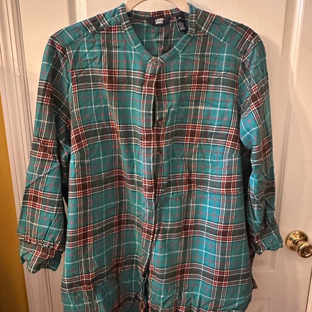 Lands' End Women's Turquoise and Burgundy Plaid Tunic